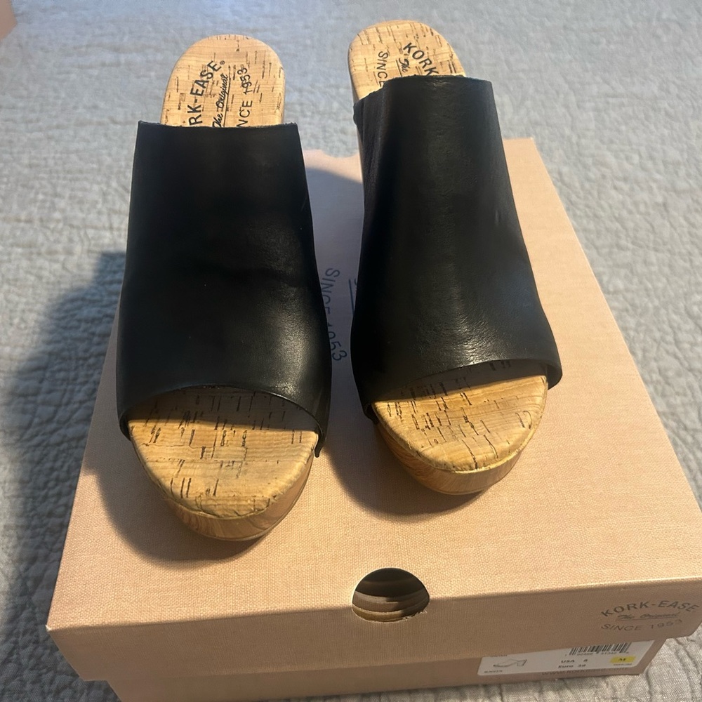 Kork-Ease Black Leather Cork Wedge Mules